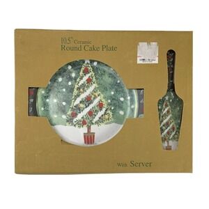 Ceramic Christmas Tree Cake Plate Server Set Winter Snow Holiday Today's Living